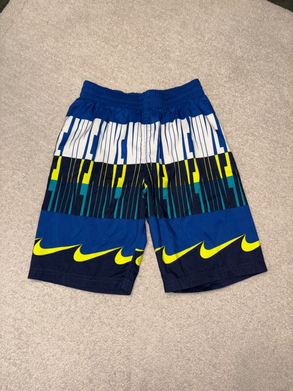Nike Boys Wave Print Swim Trunks Blue & Volt Yellow Size Medium (10-12)
